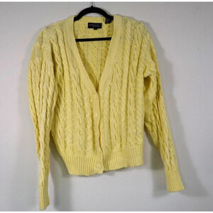 Vintage Nordstrom Point of View Yellow‎ Cotton Cable Knit V-Neck Cardigan Size S